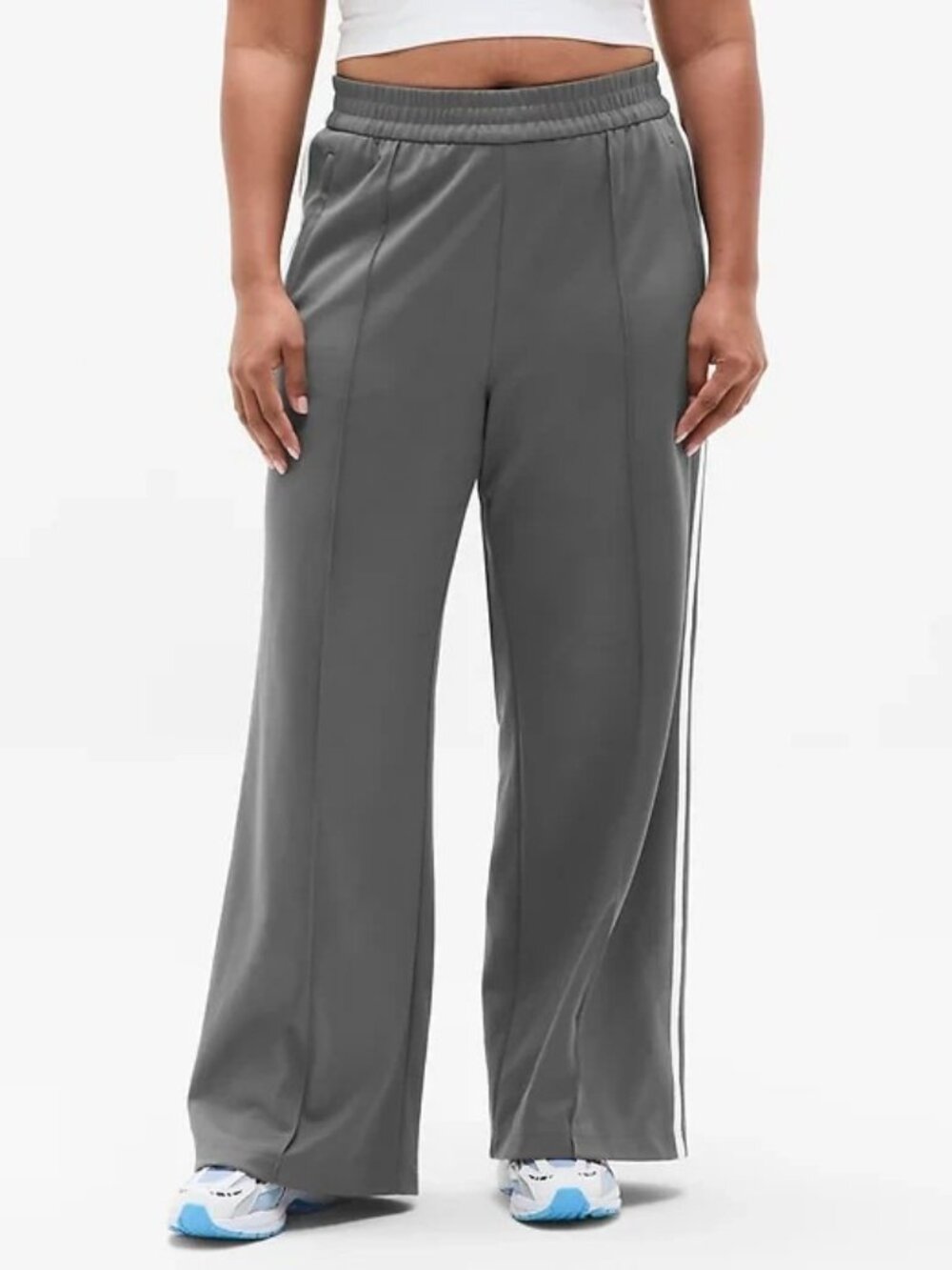 New Athleta S Tempo Mid Rise Wide Leg Track Pant Shadow Grey/Bright White Small